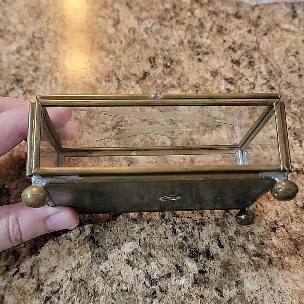 Vintage Hecho Glass Etched Glass Bird Jewelry Trinket Box